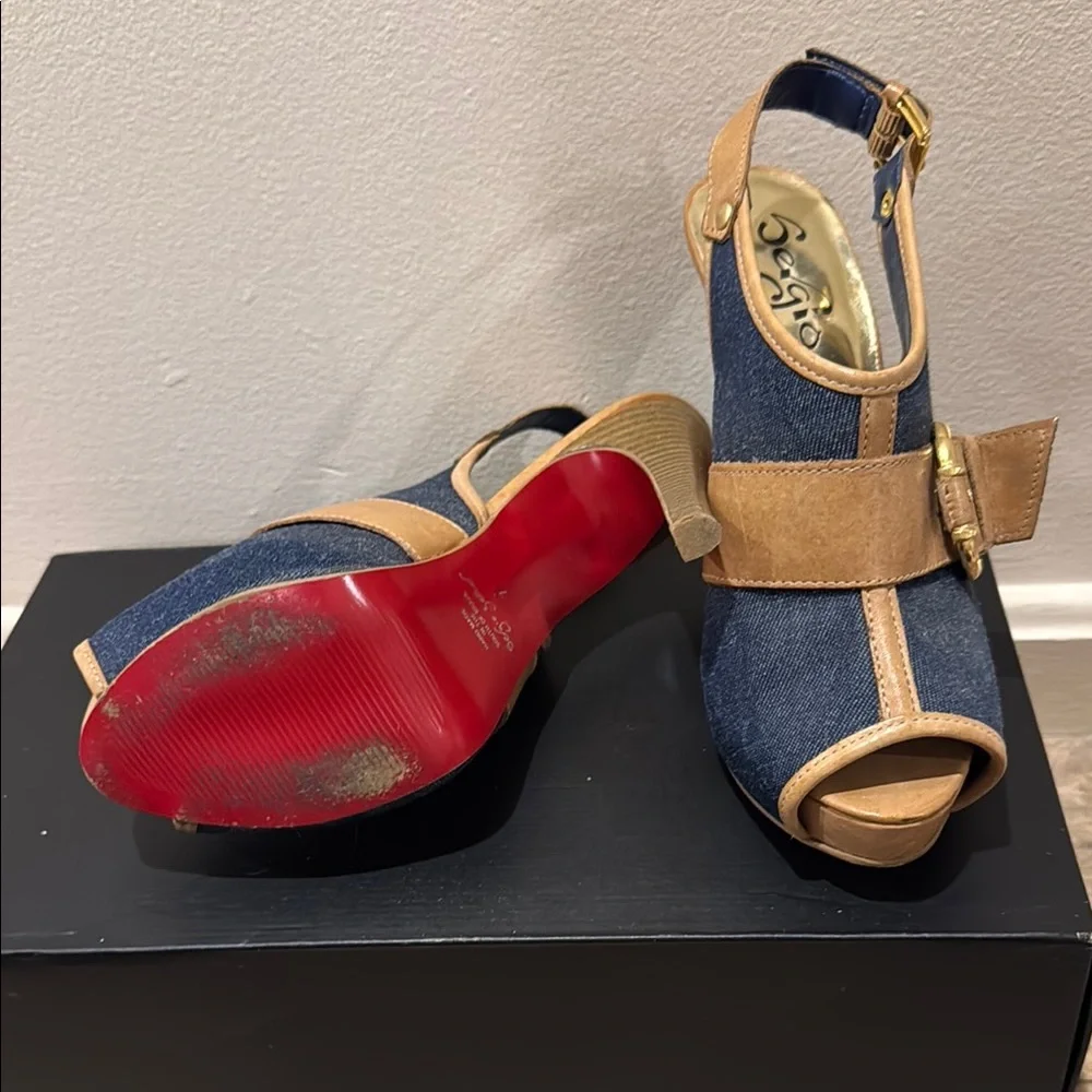 Sergio Zelcer Blue and Tan Platform Peep-Toe Heels EUC - Picture 4 of 4